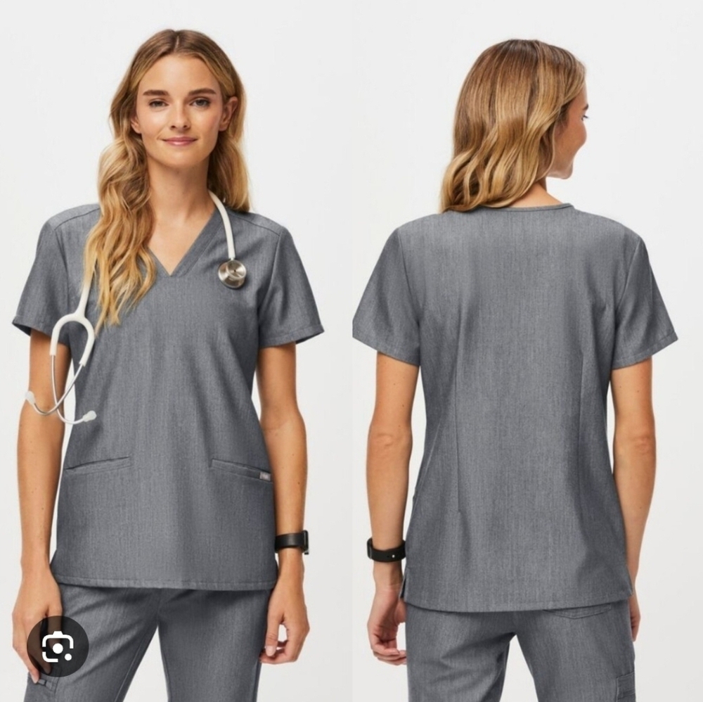 Figs Charcoal Women's V-Neck Scrub Top.     Figs Casma Three-Pocket Scrub Topp